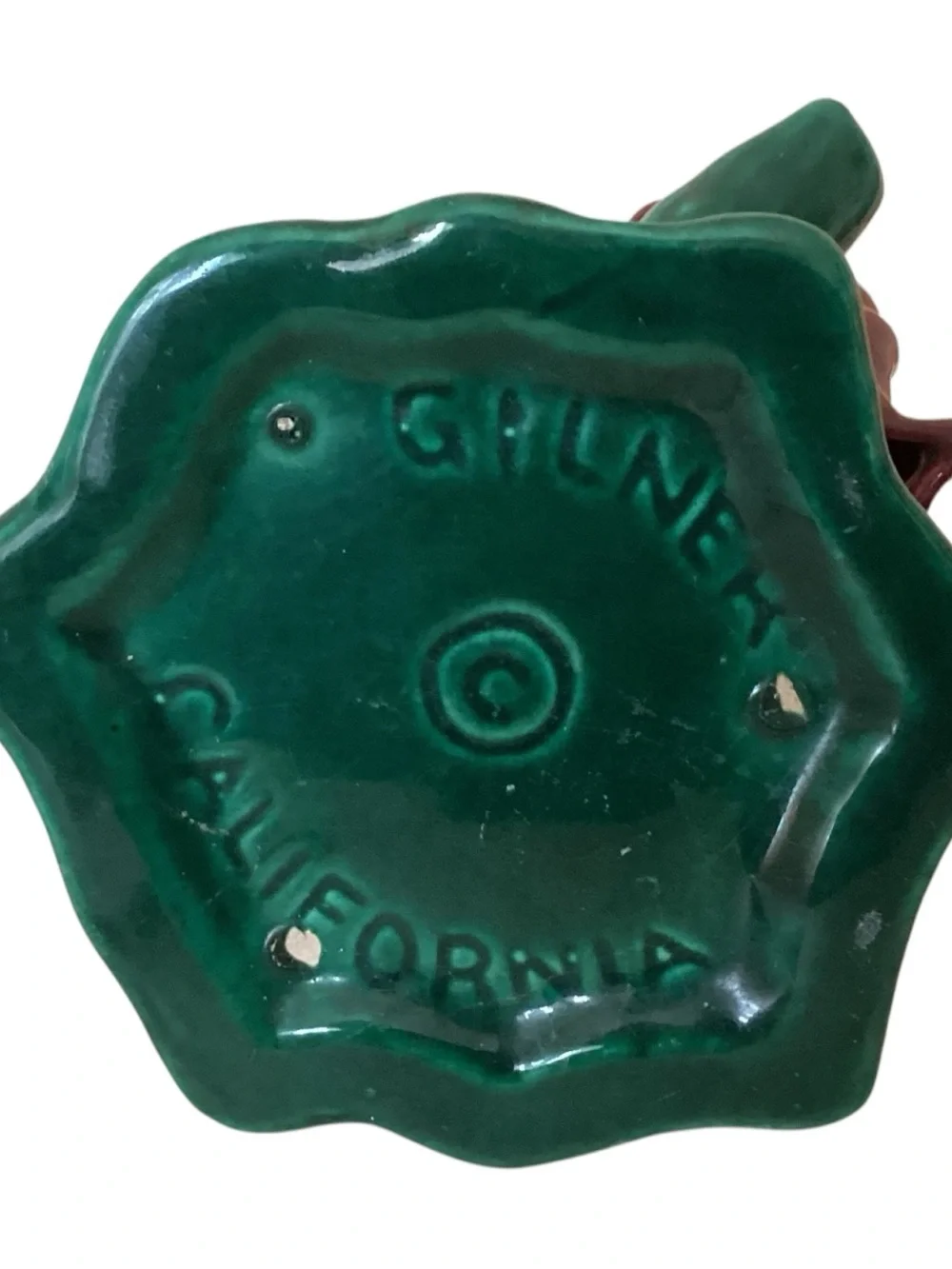 Vintage 50’s Gilner Green Tree Stump Vase Burgundy Elf Figurine 6”